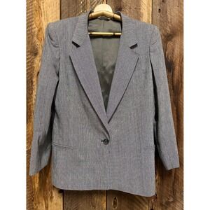 Vintage Skirt Suit Set Women 12 Gray Pinstripe Blazer Two Piece Office Classic